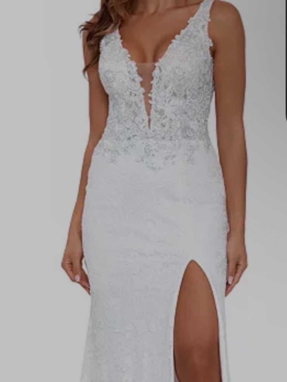 Betsy & Adam V neck lace gown